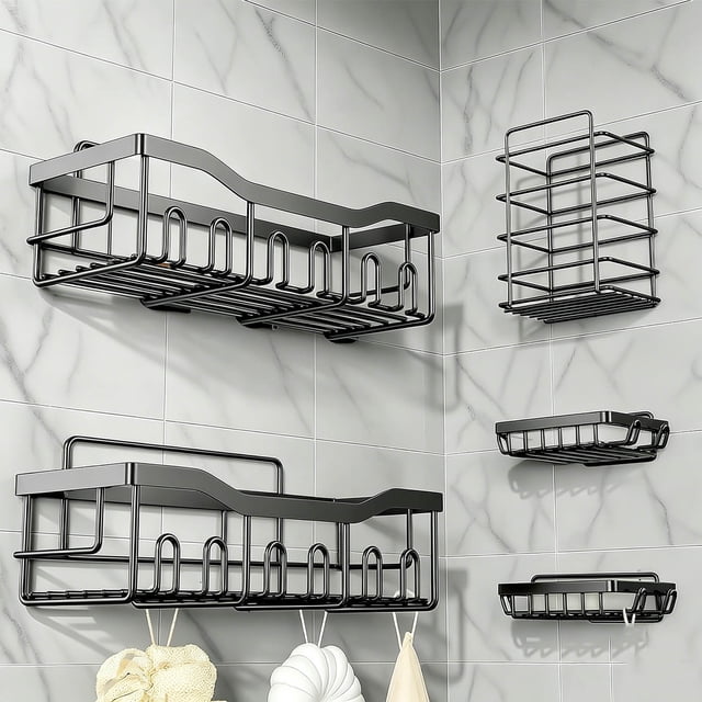Organizador de Baño 5 en 1 con Adhesivo - Estante para Baño Acero Inoxidable, Repisas para Baño Sin Taladro, Soporta 40lbs, Incluye Jabonera y Portacepillos (Negro)