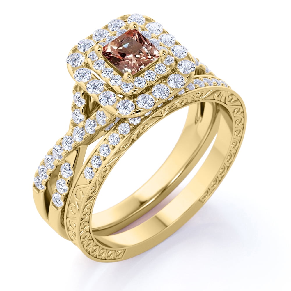 JeenMata - 1.75 ct - Princess Cut - Champagne Morganite - Double Halo