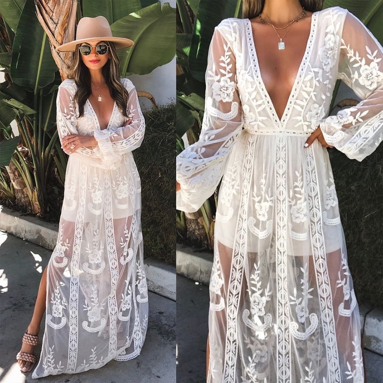 IDOPIP Women's Casual Boho Floral Lace V-Neck Dress Embroidery Cocktail Maxi  Dress Wedding Evening - Walmart.com