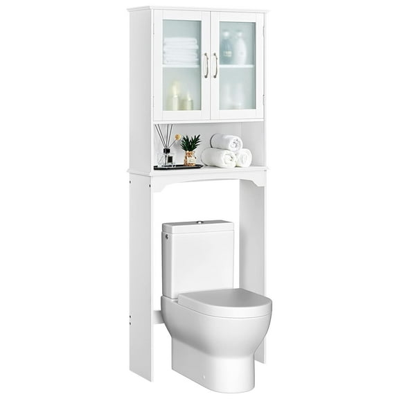 Over The Toilet Storage Cabinet with Adjustable Shelf and Double Tempered Glass Doors, Free Standing Toilet Rack with Open Storage Shelf, White