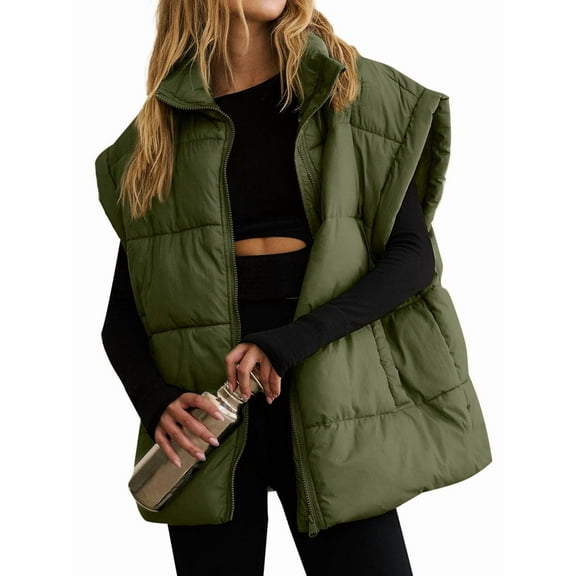 Women Winter Oversized Puffer Vest Light-Weight Stand Collar Sleeveless Padded Puffy Jackets with Pockets Army Green M