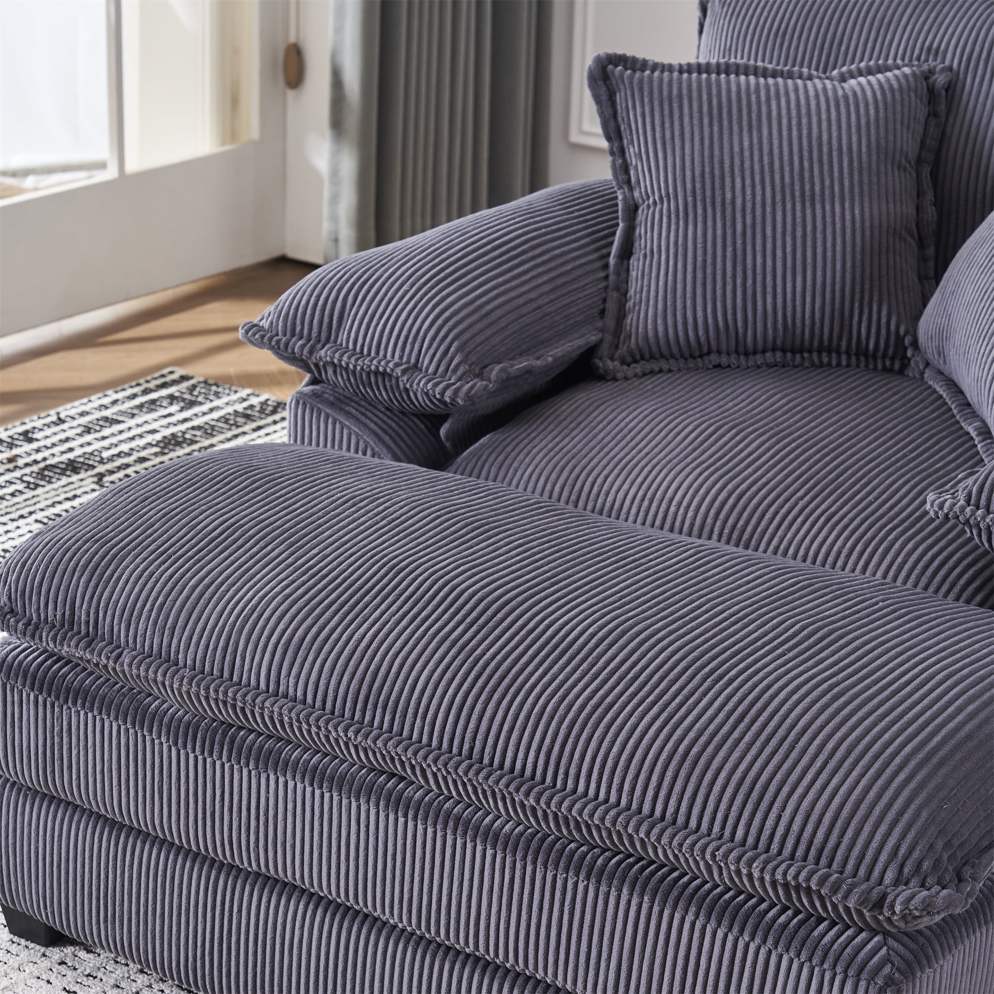 Aukfa Corduroy Modular Couch Deep Seat Sofa and Ottoman, Dual-layer Seat Cushion, 5Pillows, Gray
