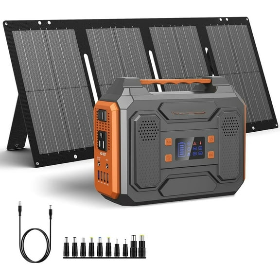 Portable Solar Generator, 300W Portable Power Station with Foldable 60W Solar Panel, 110V Pure Sine Wave 280Wh Lithium Battery Pack with USB DC AC Outlet for Home Use RV Van Outdoor Camping-Orange