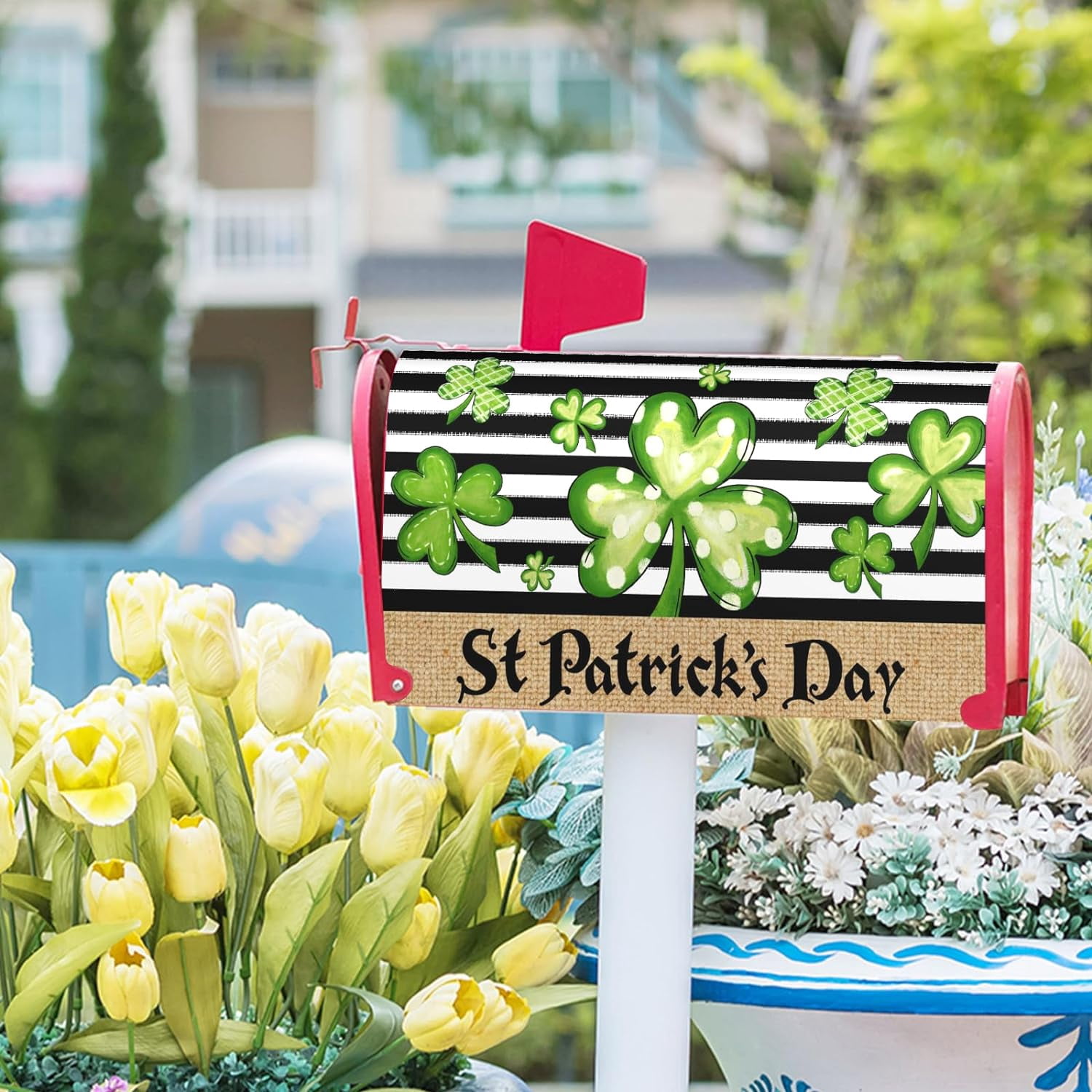 St. Patrick''s Day Mailbox Cover Magnetic Standard Size 18" X 21" Green Love Clover Black and White Stripe Mailbox Covers Magnetic Mailbox Covers Post Letter Box Cover for Outdoor Decor