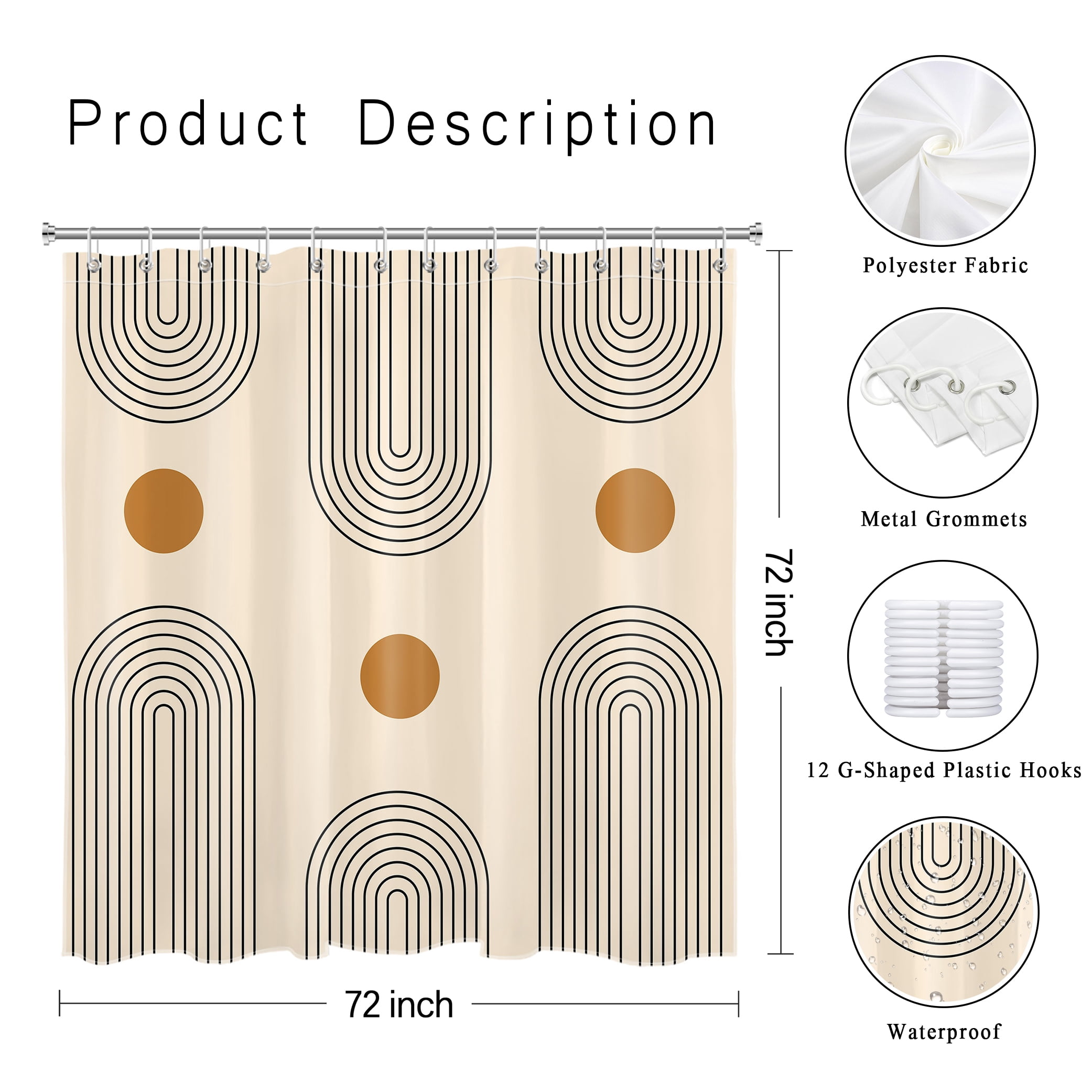 Mid Century Shower Curtain Boho Modern Minimalist Arch Sun Simple Lines Abstract Bathroom Shower Curtain Retro Geometric Aesthetic Waterproof Durable Bath Curtain with 12 Hooks 72x72 Inches