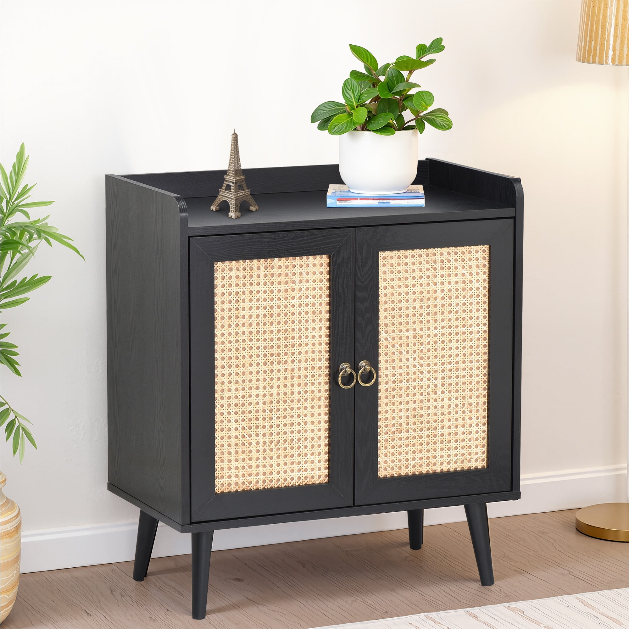 MAYEERTY Black 15*26*30"Rattan Decorated Sideboard Buffet & Liquor Bar Cabinet for Dining Room & Hallway