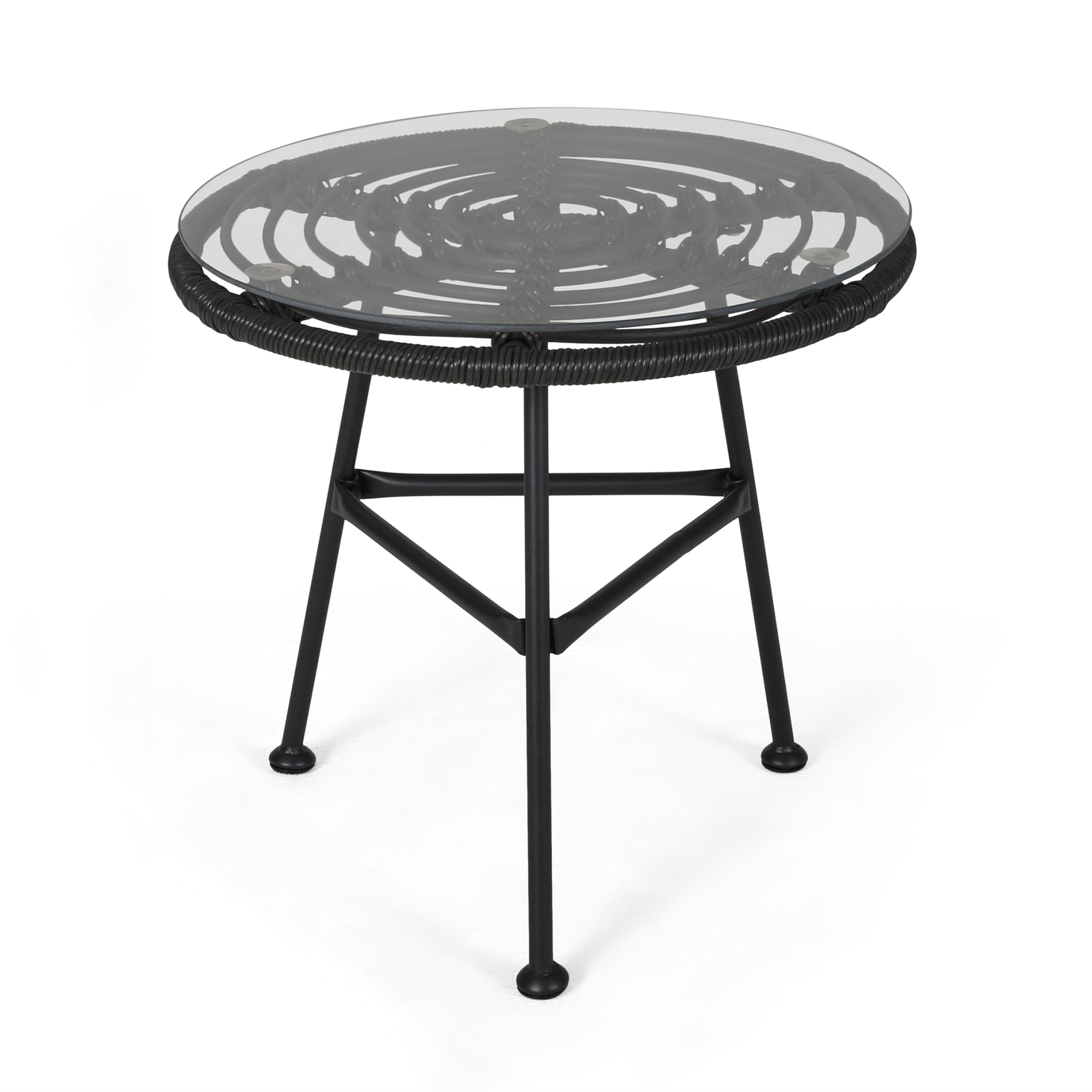 Euroco Modern Round Outdoor Side Table, Rattan Woven Top with Tempered Glass, Steel Frame