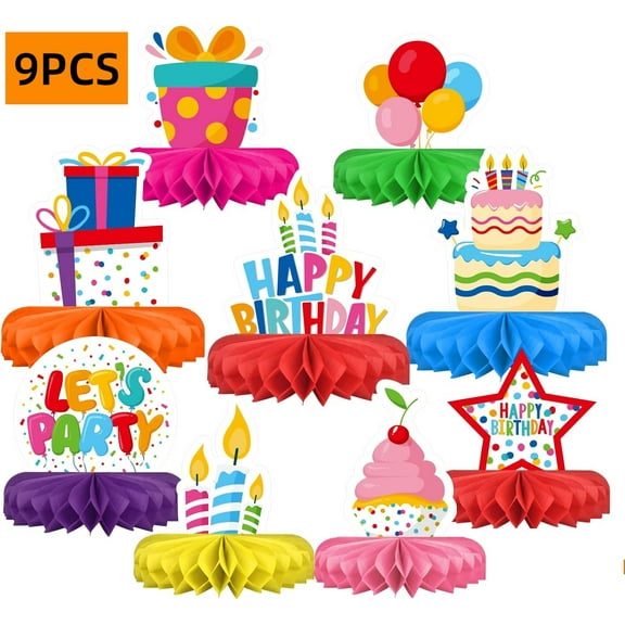 WLGJL Happy Birthday Decorations Set - Colorful Themed Honeycomb Centerpiece, Table Decoration for Kids' Birthday Party Supplies (9 pack)