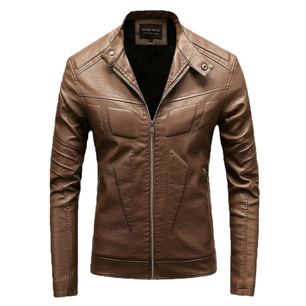 Mens Sherpa Lined PU Leather Motorcycle Jacket Winter Casual Pockets ...