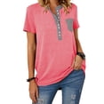 thumbnail image 2 of Camiseta con cuello redondo para mujer, camiseta de manga corta con bloques de color y cuello redondo con un solo pecho, color rojo rosa L, 2 of 6
