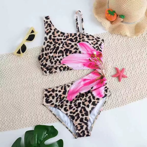 Toddler Bathing Suit Girl Boho Style Floral Bikini Cut Two Piece Tankini Swimsuit Girls Kids Trendy Beach Pool Sun Swim Set Hot Pink 10Y