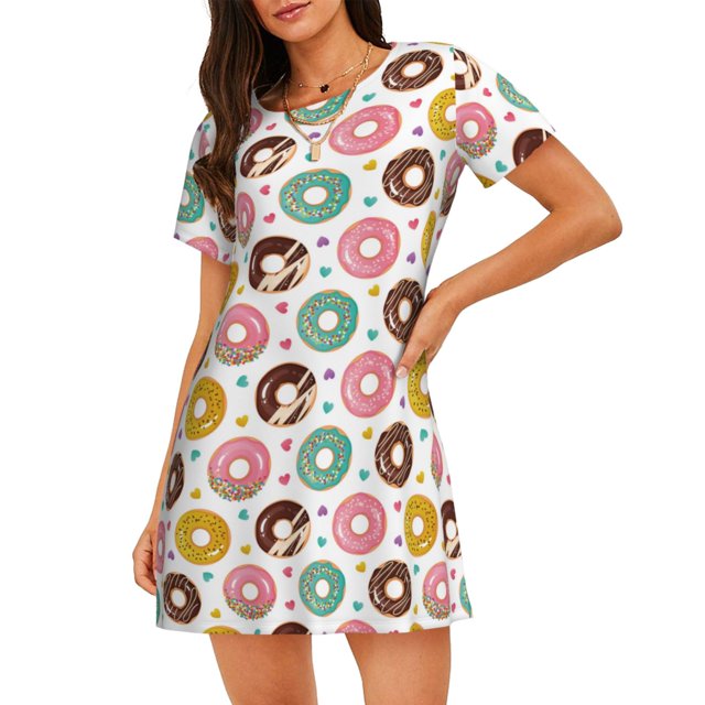 Fotbe Colorful Donuts Bata de Dormir para Mujer con Estampado, Camisón de Algodón de Manga Corta, Ropa de Dormir Casual