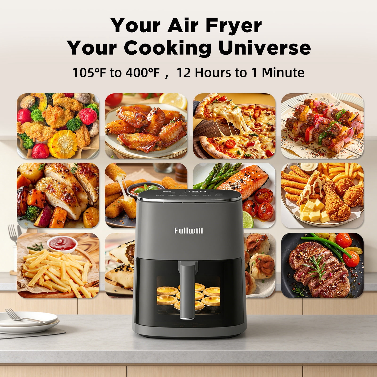 Fullwill 6QT Air Fryer with Viewing Window,12-in-1 Multi-Function Air Fry,Roast,Bake, Dehydrate, Fries,Nonstick and Dishwasher-Safe Basket,Family&friends Party,Max 400℉ Crisping 1700W,Gray