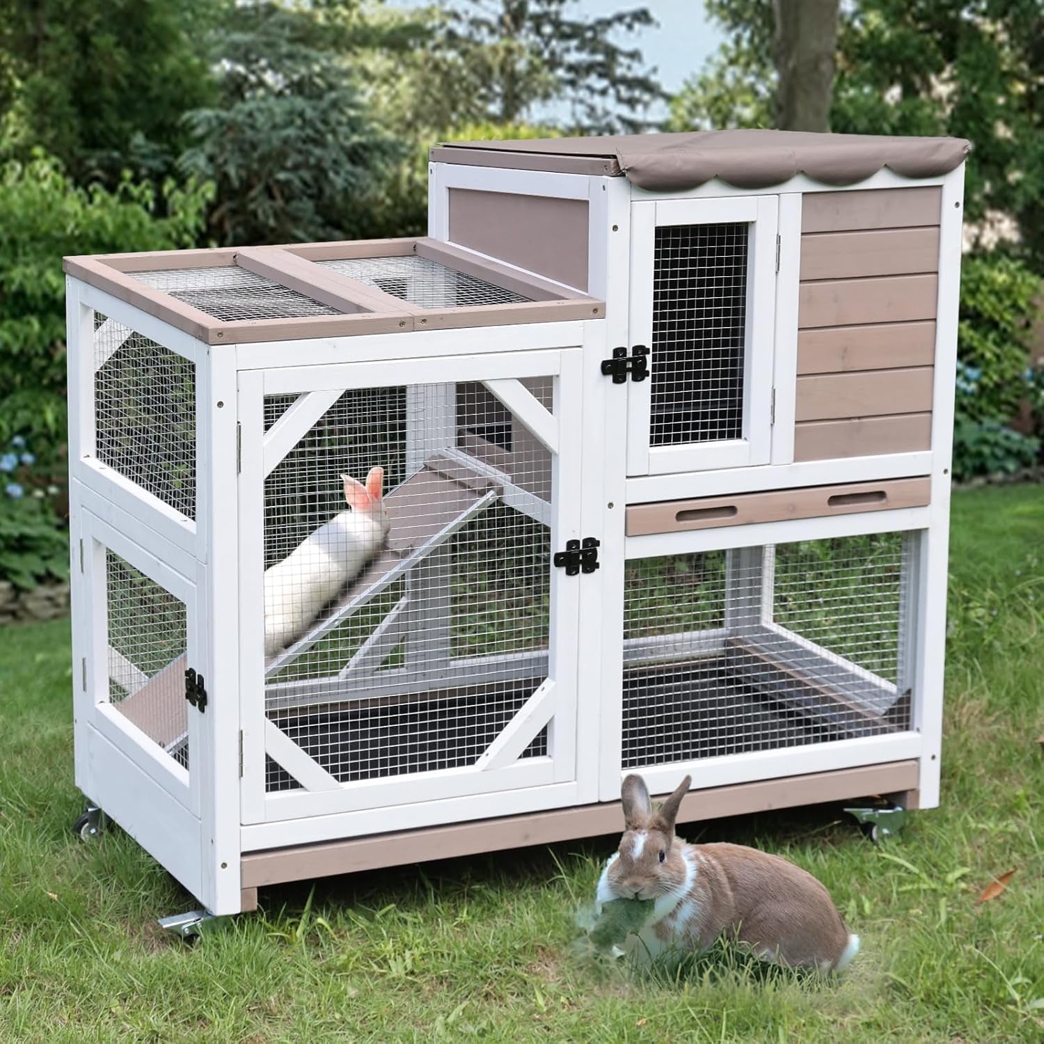 BUTINGLALE Rabbit Hutch Indoor Outdoor 2 Story Bunny House on Wheels Wood Rabbit Cage with 2 Pull Out Trays Guinea Pig Cage