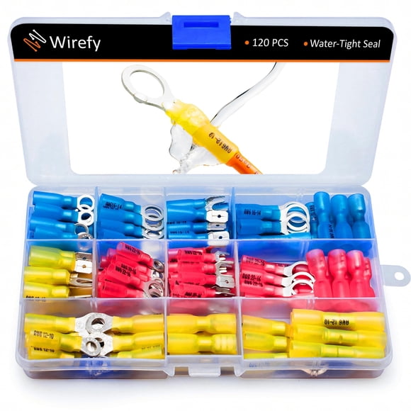 Wirefy Heat Shrink Wire Connectors - Electrical Connectors Kit - Marine Automotive Crimp Terminals - Ring Fork Spade Butt Splices - 22-10 Gauge - 120