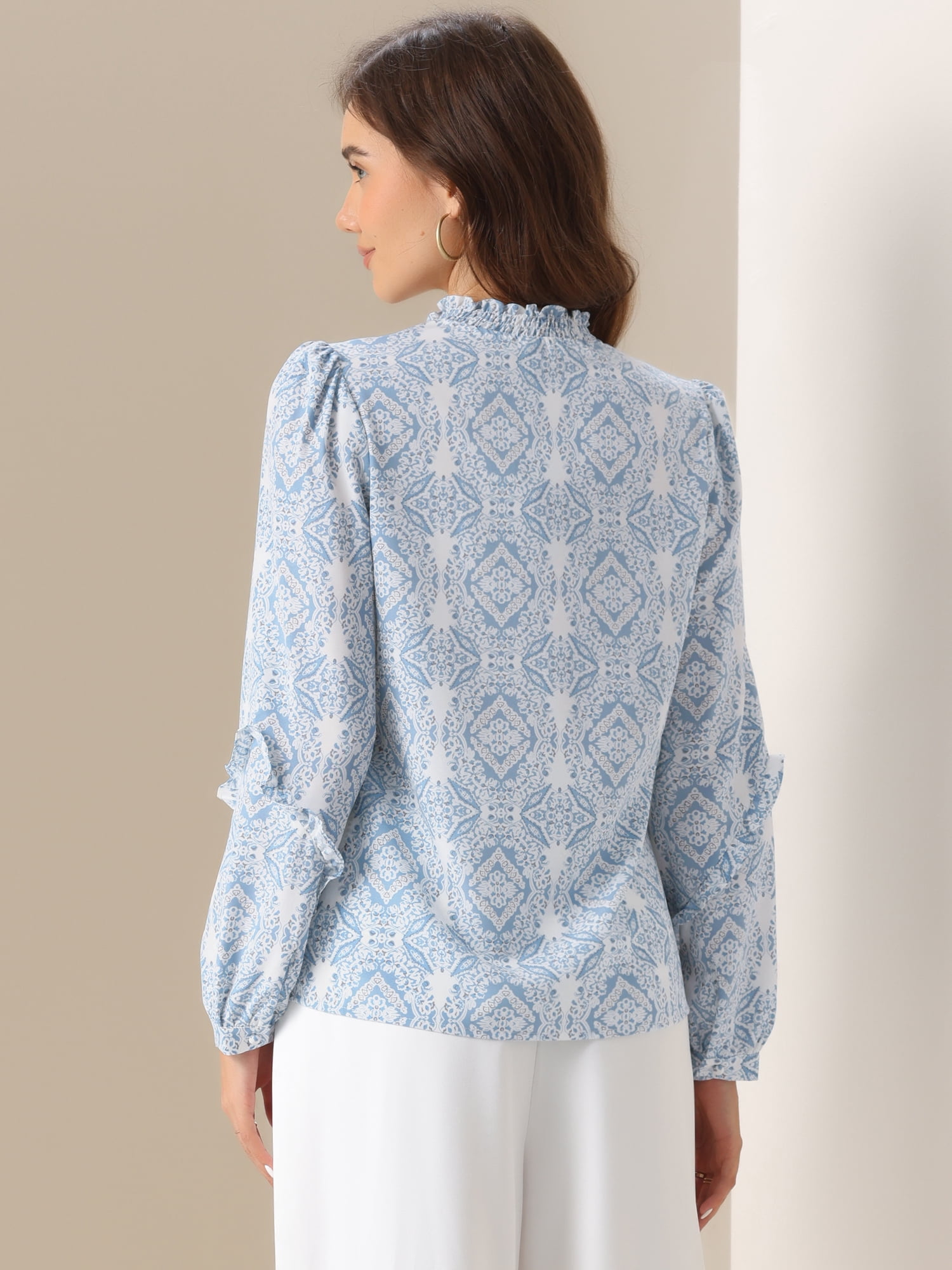 DARING DIVA Women's V Neck Printed Long Sleeve Dressy Blouse S Blue