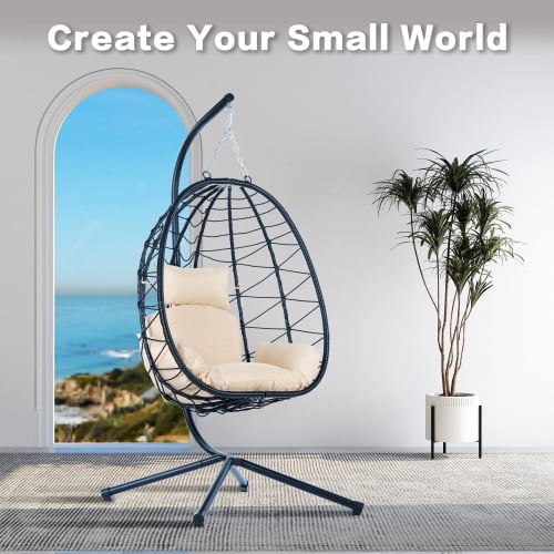 Outdoor Egg Chair, Patio Wicker Swing Egg Chair with Stand, Steel Frame, Soft Cushion and Pillow for Home Bedroom Patio Balcony, 350-Pound Weight Capacity, Khaki