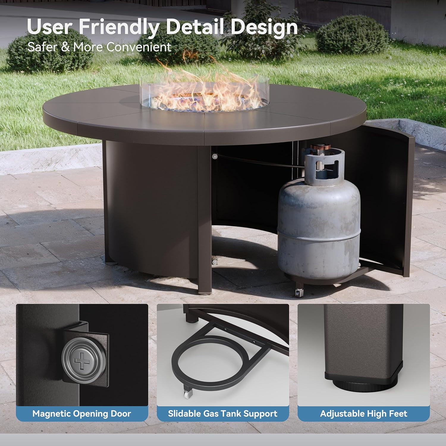 Kullavik 48 Inch Outdoor Propane Fire Pit Table,Round Firepit Table for Outside Patio,Gas Fire Table with Fire Glass,Waterproof Cover and Blue Glass Stone