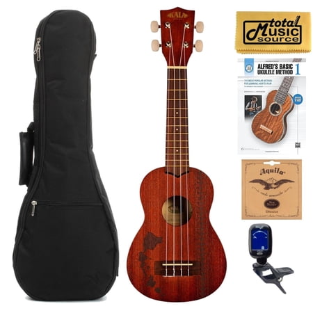 Kala KA-15S-H2 Mahogany Soprano Ukulele Bundle w/ Gig Bag,Tuner,Strings,Book,Cloth