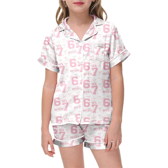 YUEHUA Girls Boys Satin Pajamas Heart Print Button-Down Silk Pajamas for Girls 2 Pieces Valentines Sleepwear PJS Set for Kids 3-14 Years