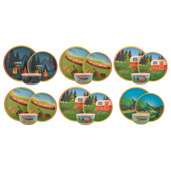 Melange 18-Piece Bamboo Dinnerware Set (Campers Paradise) | Shatter-Proof and Chip-Resistant Bamboo Plates and Bowls | | Dinner Plate, Salad Plate & Soup Bowl (6 Each)