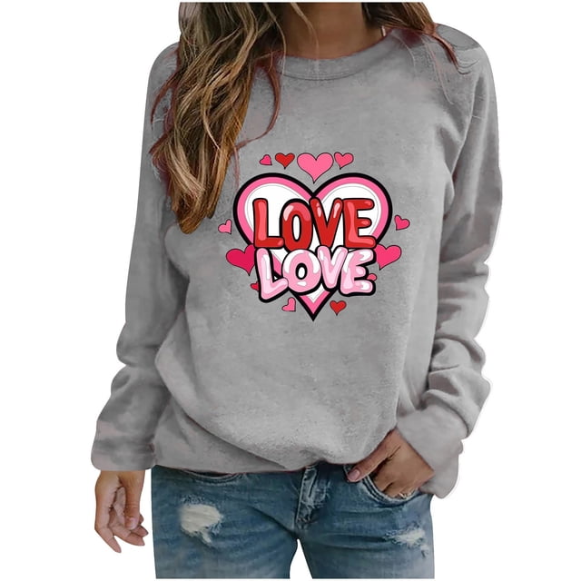 Amzcrzy Hauts pour Femmes Décontractés Col Rond Printemps Été Hauts Mode Imprimé Cœur d'Amour Chemises de la Saint-Valentin pour Femmes Classique Polyvalent Manches Longues T-Shirt Valentines
