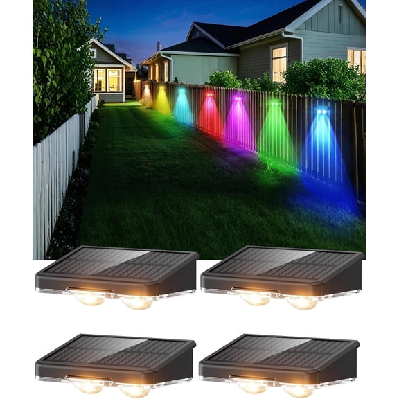 Solar Fence Lights, Outdoor IP65 Waterproof LED, RGB Fence Lights Solar Powered 7 Colors, for Wall, Patio, Deck, Backyard, Garden, Pool, Railing (4 Pack)