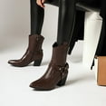thumbnail image 3 of Womens Riding Boots Retro Waterproof Leather Buckle Strappy Chunky Heel Pointed Toe Mid Calf Booties Zip up Fall Winter Boots, 3 of 6