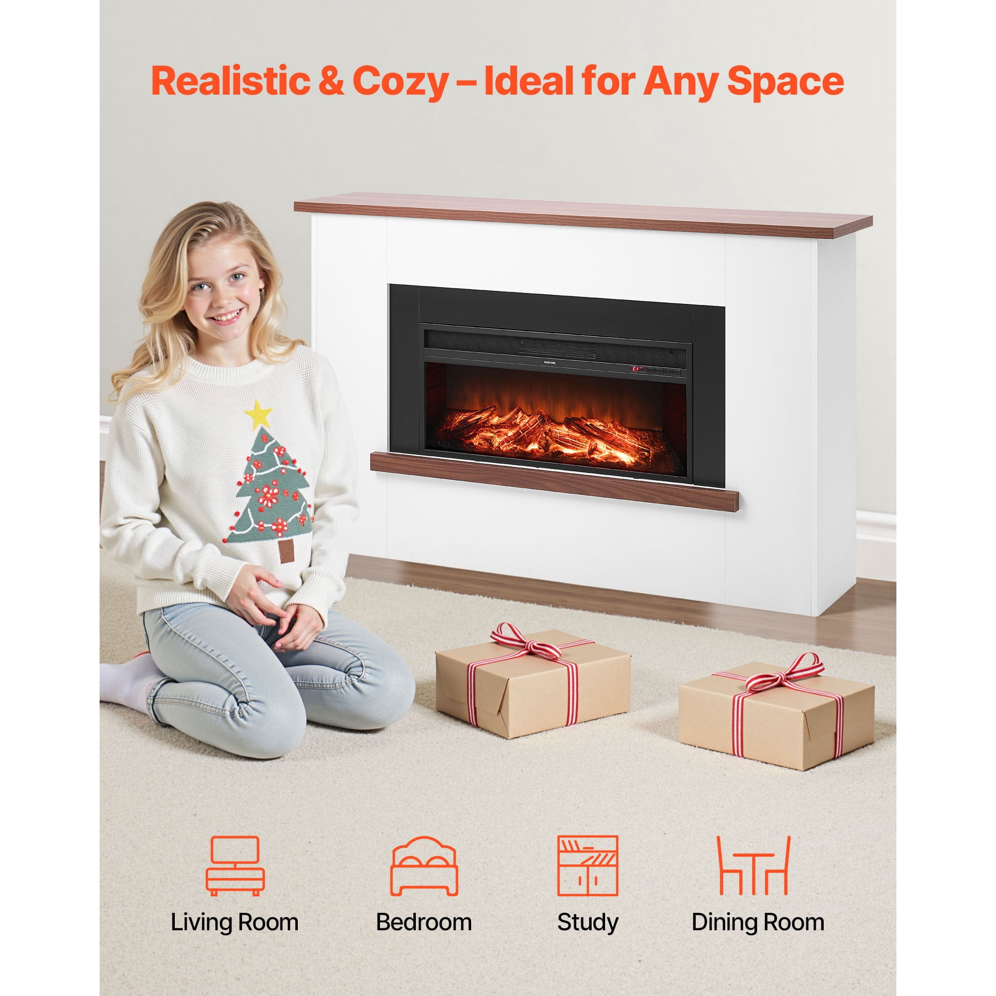 KFFKFF 65.5-Inch Freestanding Electric Fireplace with Mantel, 1500W Heater, Adjustable Flames, Timer, Remote Control, and Overheat Protection for Living Room or Bedroom