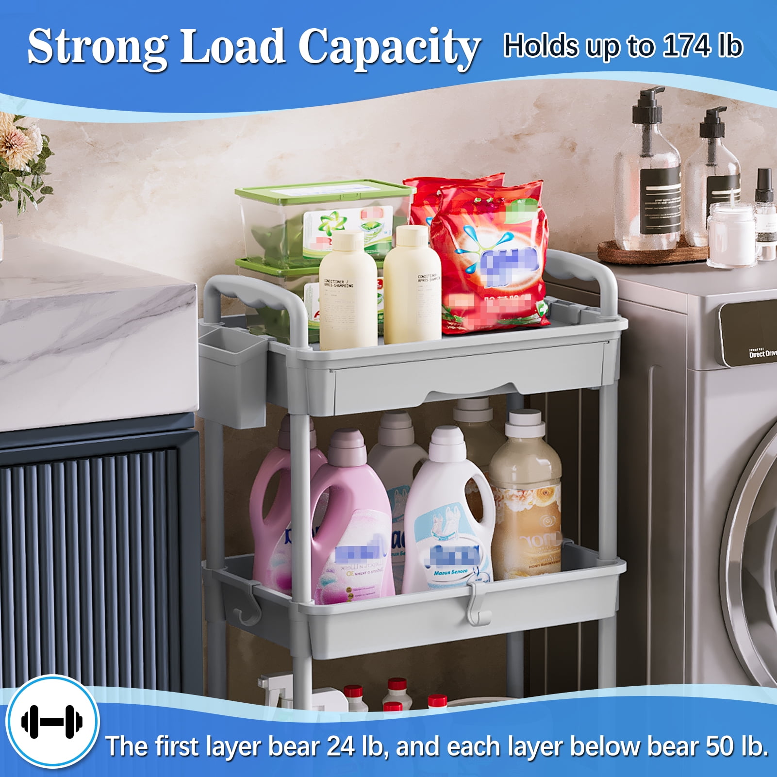 3 Tier Rolling Utility Cart with Removable Drawer, Bathroom Storage Organizer with 2 Lockable Wheels, Mobile Shelving Unit for Kitchen, Office, Snack, Craft, Makeup, Baby Essentials, Gray