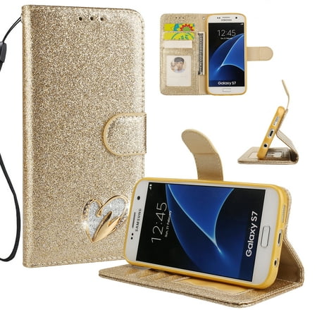 Galaxy S7 Case Wallet, Samsung Galaxy S7 Case, Allytech Glitter Folio Kickstand with Wristlet Lanyard Shiny Sparkle Luxury Bling Card Slots Slim Cover for Samsung Galaxy S7