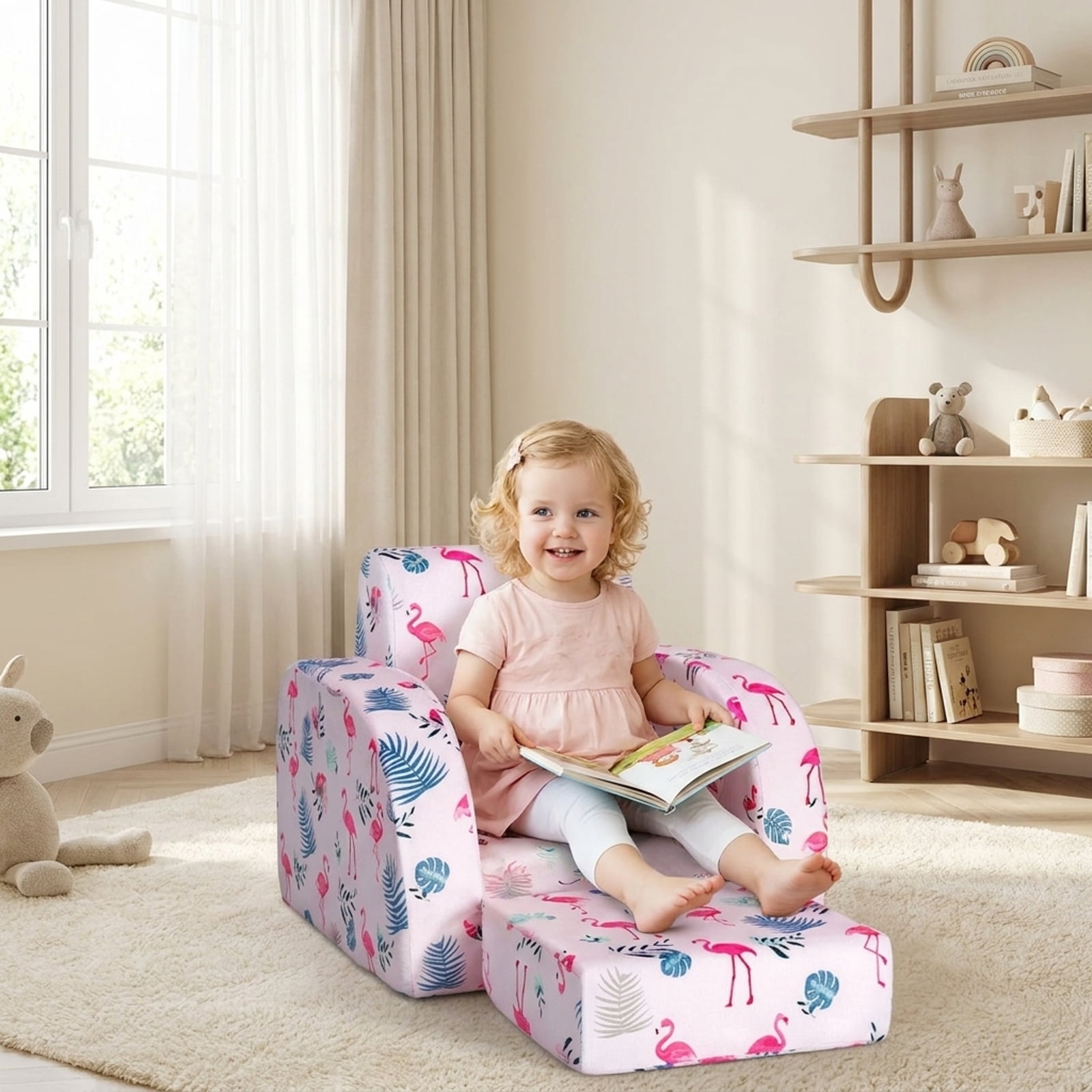 Furnibear Toddler Chair 3 in 1 Convertible Kid Sofa Bed Flip Out Chair Lounger for Toddler, Pink