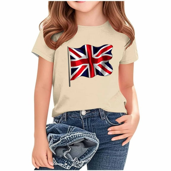 AUNVITO Kids British Flag Print Casual Loose Fit T-Shirt Short Sleeve Crew Neck Graphic Tee