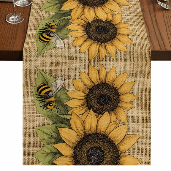 Sunflower 60 Inch Table Runner, Yellow Summer Flower Vintage Farmhouse Dresser Scarf Cotton & Linen Tablerunner for Dining/Kitchen Island/Holiday Party Décor 13" x 60"