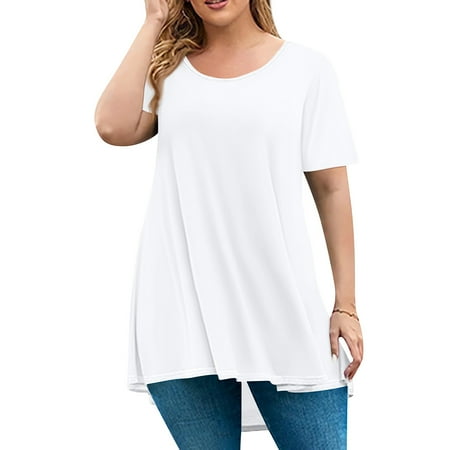 Corset Tops For Women  Plus Size Round Neck Short Sleeve Casual Solid Color Loose Fit Pullover Top Trendy Women 2025 White Button Down Shirt Country Concert Outfits Tops (3XL  White) ZMTing