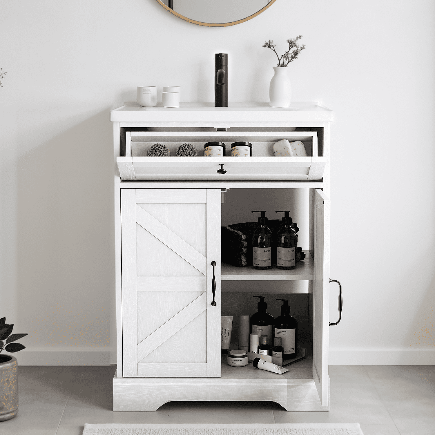 Smuxee 24" Bathroom Vanity with Integrated Sink Top, Bathroom Storage Cabinet with Flip Drawer & Doors, White