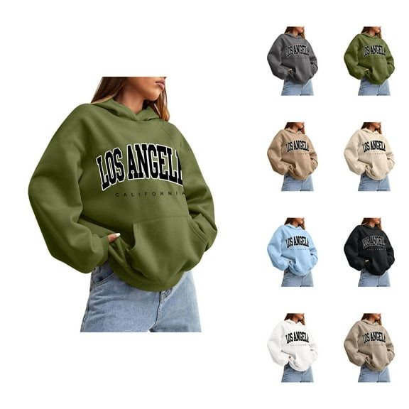 Los Angeles Hoodies for Women 2025 Fall Winter Long Sleeve Drop Shoulder Hooded Sweatshirt with Pockets Pullover Tops