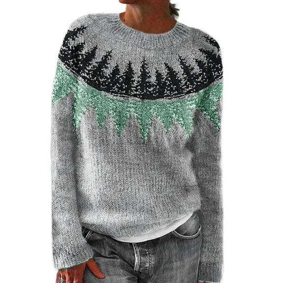 Women Sweaters Women's Knitted Isle Print Retro Sweater Casual Loose Crewneck Long Sleeve Lightweight Cropped Pullover Tops Sweaters