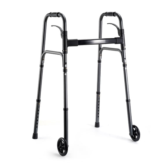 Naipo Compact Folding Walker for Seniors & Adults, Deluxe Lightweight Mobility Aids Walker with 5" Wheels and Trigger Release up to 300 lbs, Aluminium
