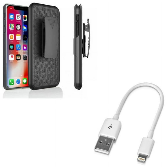 Case Belt Clip w Short USB Cable for iPhone XR - Holster Swivel Cover Kickstand Armor, Charger Cord Power Wire Fast Charge Compatible With iPhone XR
