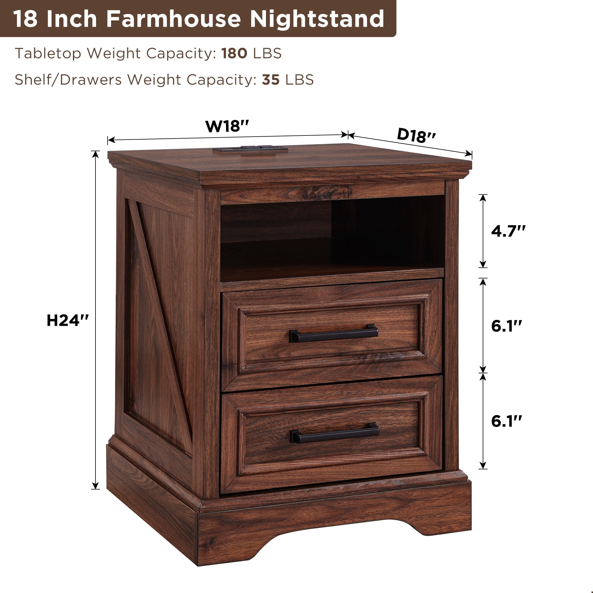 ACCOHOHO Nightstands Set of 2 with Charging Station, Rustic End Table with 2 Drawers Farmhouse Side Table with 3-tier Storage Space Bedside Cabinet for Bedroom Living Room,Brown