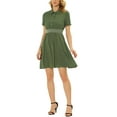 thumbnail image 1 of Vestido de verano de bloque de color con botones y fruncido de A-line de INSPIRE CHIC para mujer en verde militar L, 1 of 5
