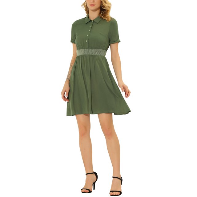 Vestido de verano de bloque de color con botones y fruncido de A-line de INSPIRE CHIC para mujer en verde militar L
