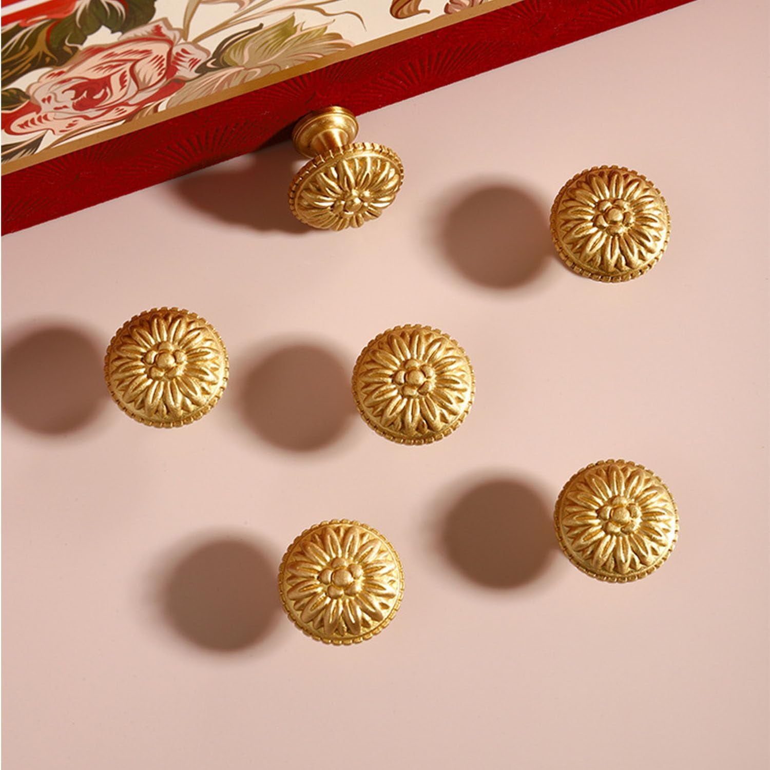 CATPAN 4PCS Vintage Brass Cabinet Knobs, Gold Dresser Drawer Knobs Kitchen Cupboard Bathroom Cabinet Round Handles Pulls for Home Cabinet Hardware Knobs