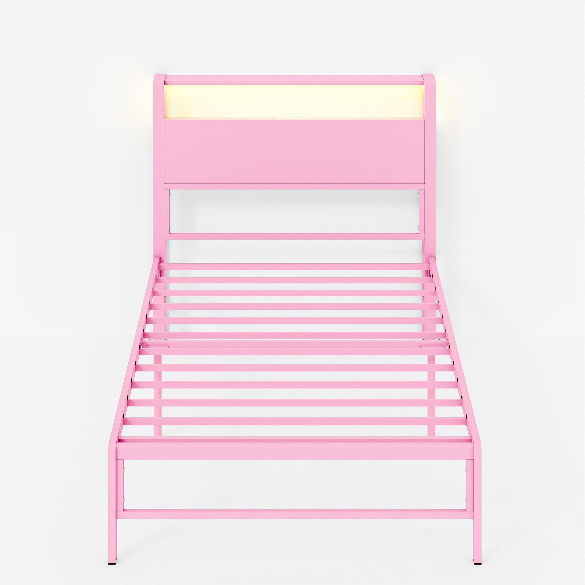 Yoneston Power Outlet LED Light Twin Metal Platform Bed Frame with 2-Tier Storage USB Port Charging Station Headboard for Kids Boys Girls Adults, Pink
