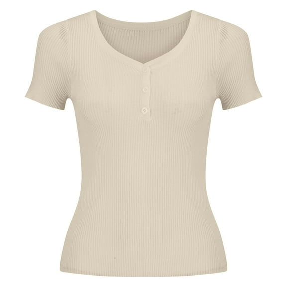 Holzkary Women's Henley T Shirts Summer Deep V Neck Ribbed Short Sleeve Slim Fit Button Tops Casual Tee Ice T Shirt Woven Sweater Versatile Thin V Neck Slimming Base Layer Worn Outside Beige L