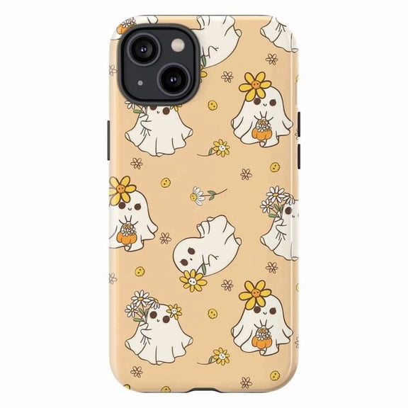 Cute Ghost Halloween Phone Case with Flowers & Pumpkin, Protective Cover for iPhone 16 15 14 13 12 11 Pro Max Plus Mini