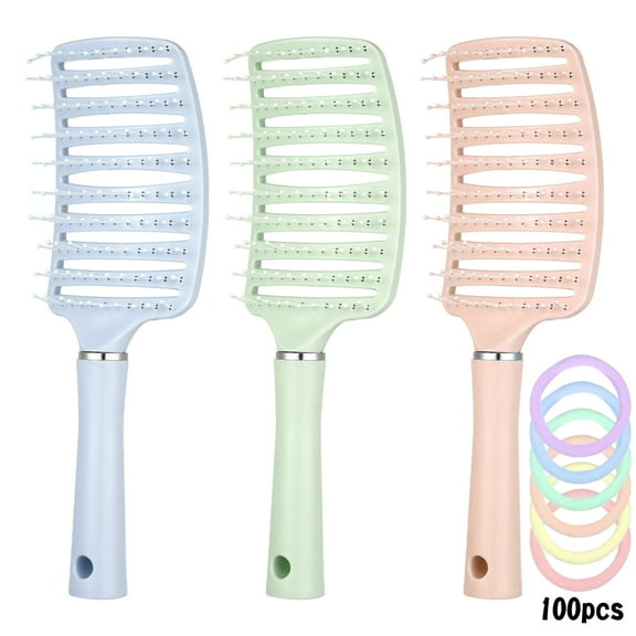 Abaima 3 Pcs Detangling Brush with 100 Hair Ties, Curved Vented Styling Hair Brush with Seamless Spring Ties, Women Fast Blow Drying Brush for Wet Dry Curly Straight Thick Hair