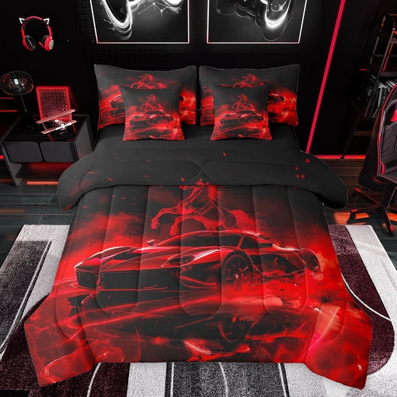Feelyou Neon Race Car Twin Bedding Sets 7-Piece for Kid, Fashion Automobile Bedding Comforter Set, Red Racing Horse Animal Reversible Sheet Sets, Luxury Bedroom Decor