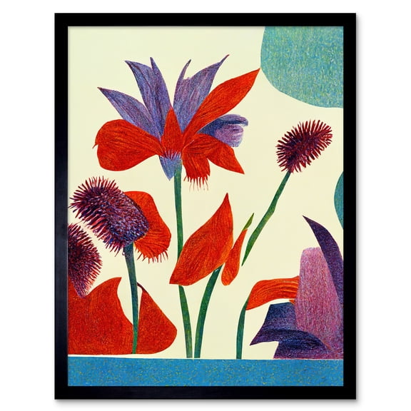Abstract Red Purple Jungle Flowers Floral Art Print Framed Poster Wall Decor 12x16 inch